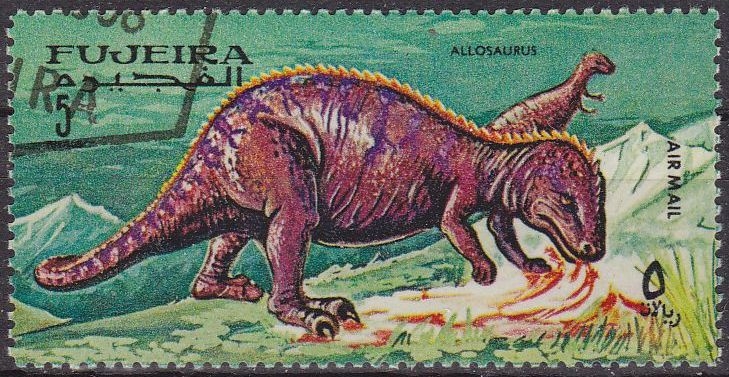 FUJEIRA 1968 Michel 260 Sello Animales Prehistoricos Allosaurus Correo Aereo con matasellos de favor preobliterado 